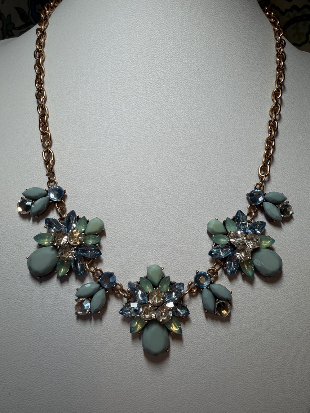 Floral Rhinestone Statement Necklace Sage Dust Blue Gold Tone